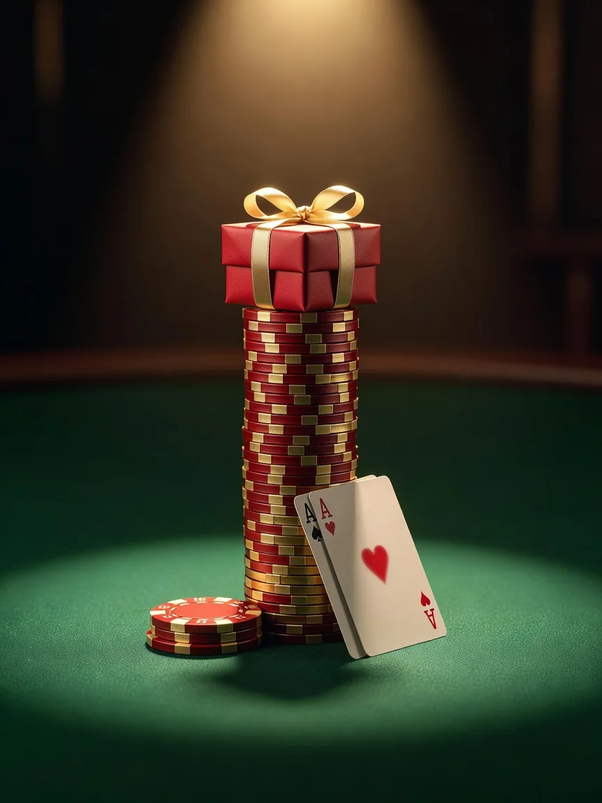 Stack of gold and red casino chips with a gift box and playing cards on green felt, no people