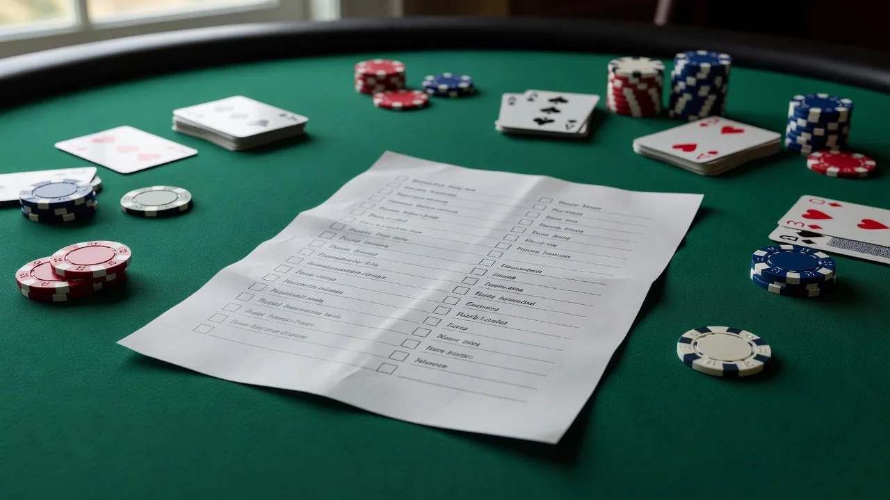 Printed checklist of casino safety checks next to playing cards and poker chips on a green felt table