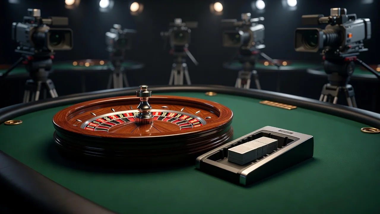 Roulette wheel and professional card dealing shoe on a casino studio table with cameras, no people visible