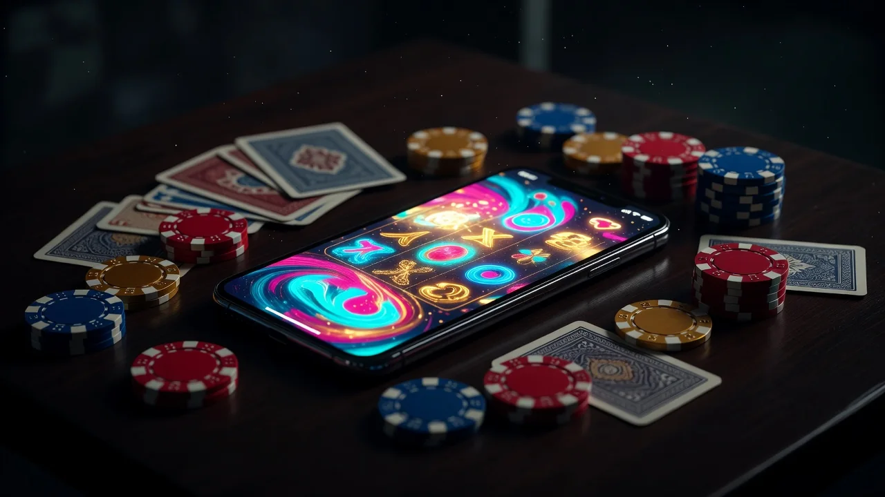 Smartphone showing colourful slot game beside poker chips and playing cards on a dark table, no people
