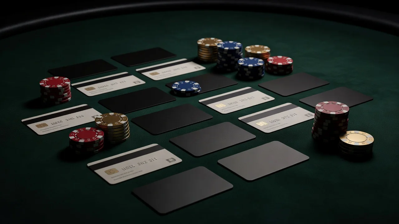 Neatly arranged payment cards, prepaid vouchers and casino chips on a dark green table, no readable numbers, no people