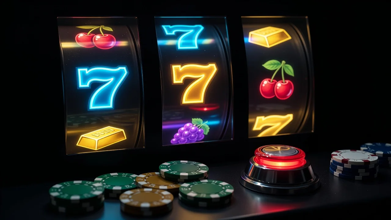 Close-up of colourful slot machine reels and glowing spin button with casino chips, no people
