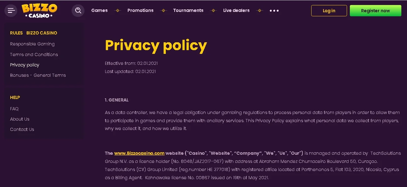 Privacy Policy Bizzo Casino