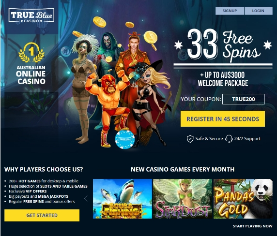 True Blue Casino website interface